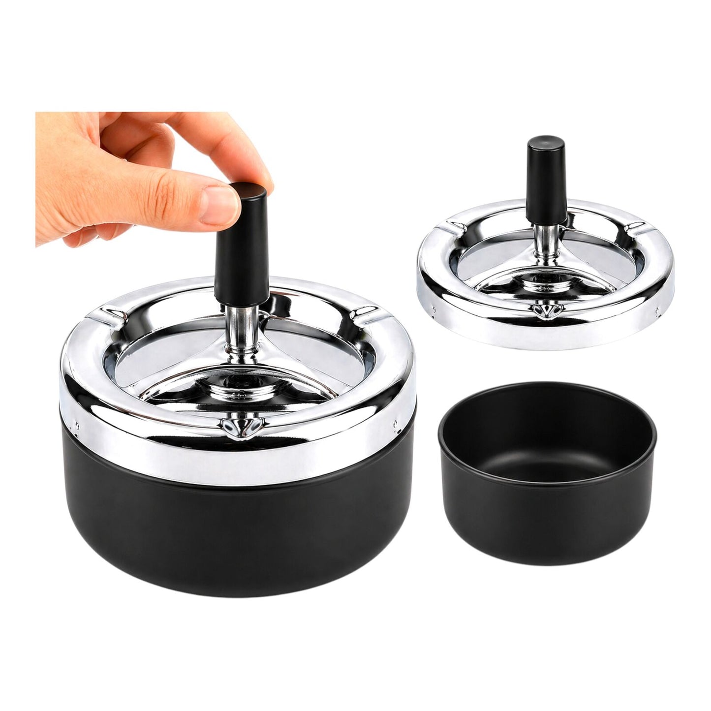 Ashtray Push Down Spinning Lid Wind Resistant Tabletop Ash Holder Black Silver