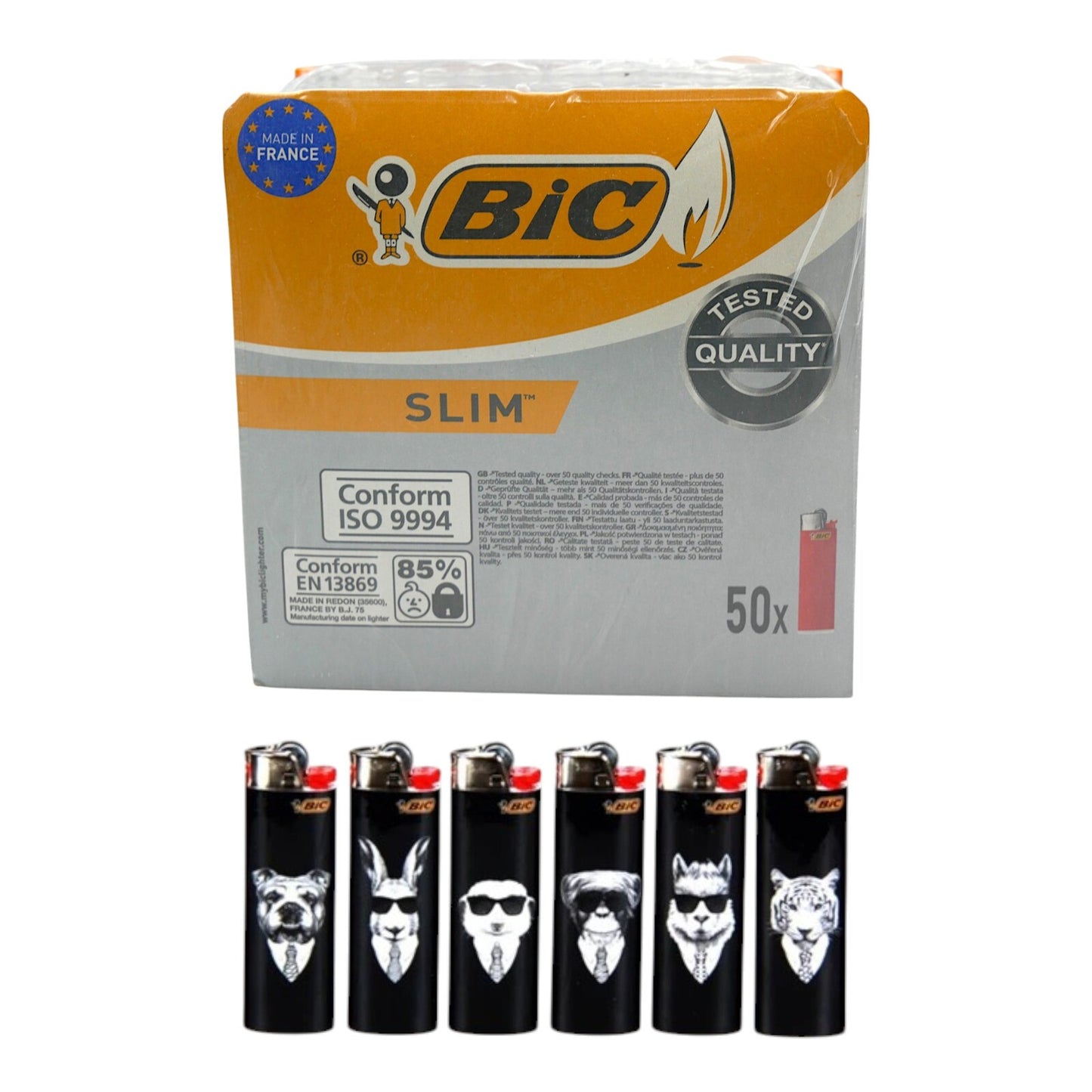 50x BIC Slim Lighters Cool Animals Edition (J23) Bulk Box