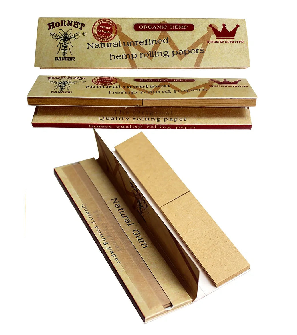 Hornet King Size Slim Organic Unrefined Rolling Papers With Tips (32 Per Booklet)