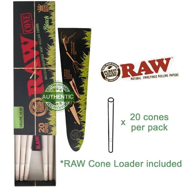 Raw Black Organic 20 Pack King Size Cone Ultra Fine Natural Pre Rolled Paper