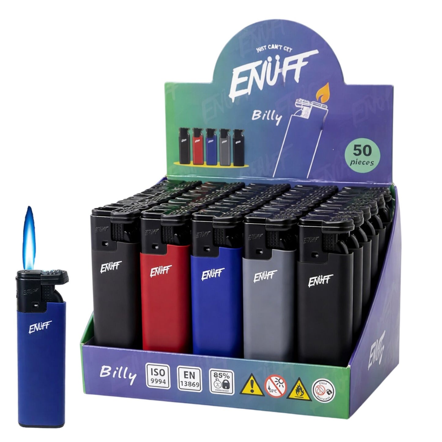 50 Enuff Billy Jet Torch Flame Lighters Refillable Adjustable Flame Windproof Box