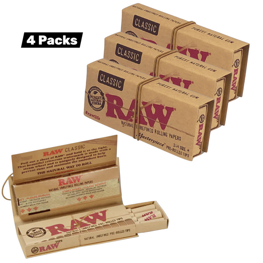 4 x RAW Classic 1 1/4 Papers with Pre rolled Tips (50 Leaves)
