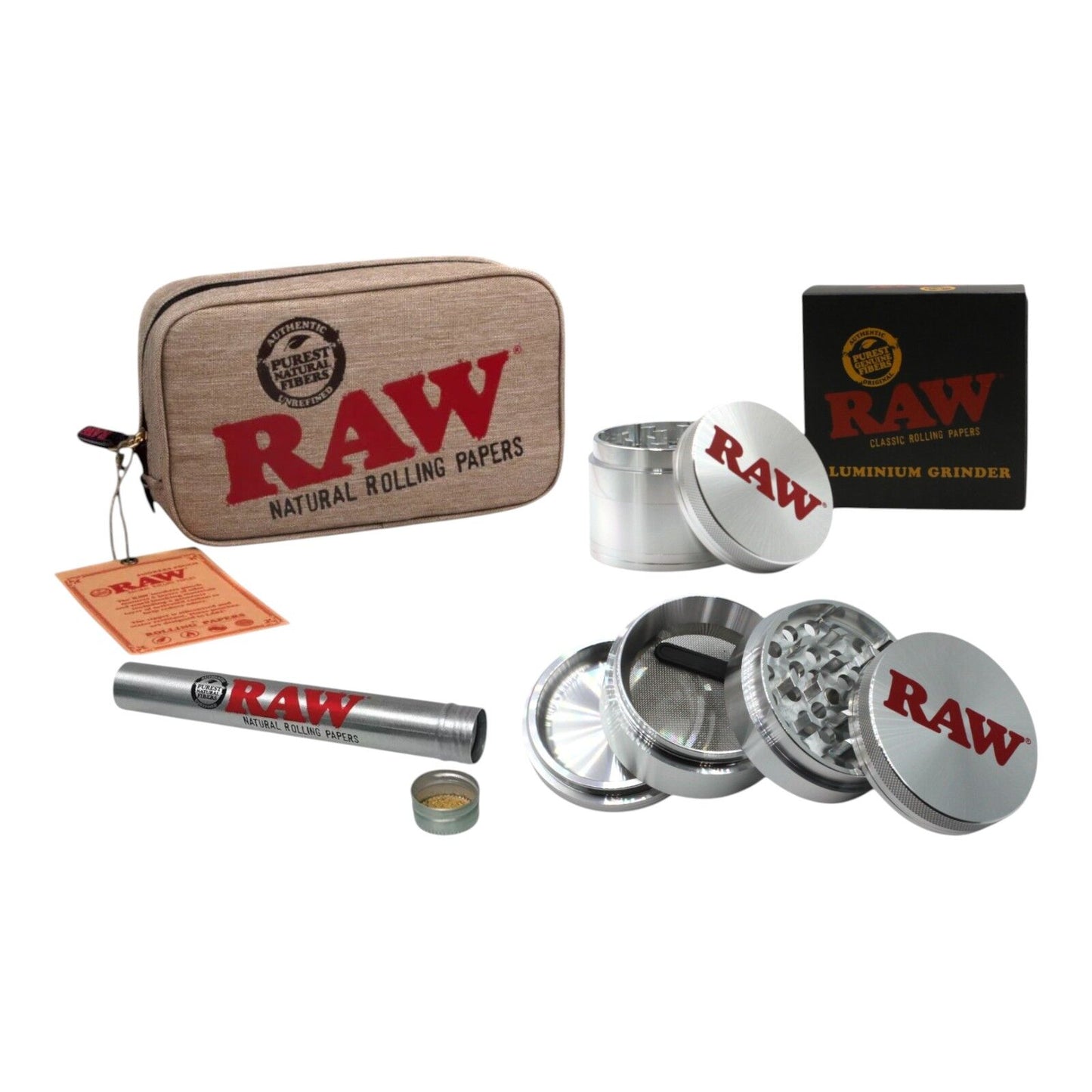RAW 4-Piece Grinder 56mm + Smell Proof Medium Pouch + Tube Combo Tobacco Kit