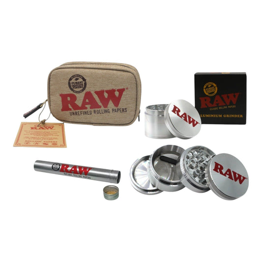 RAW 4-Piece Grinder 56mm + Smell Proof Small Pouch + Tube Combo Tobacco Kit
