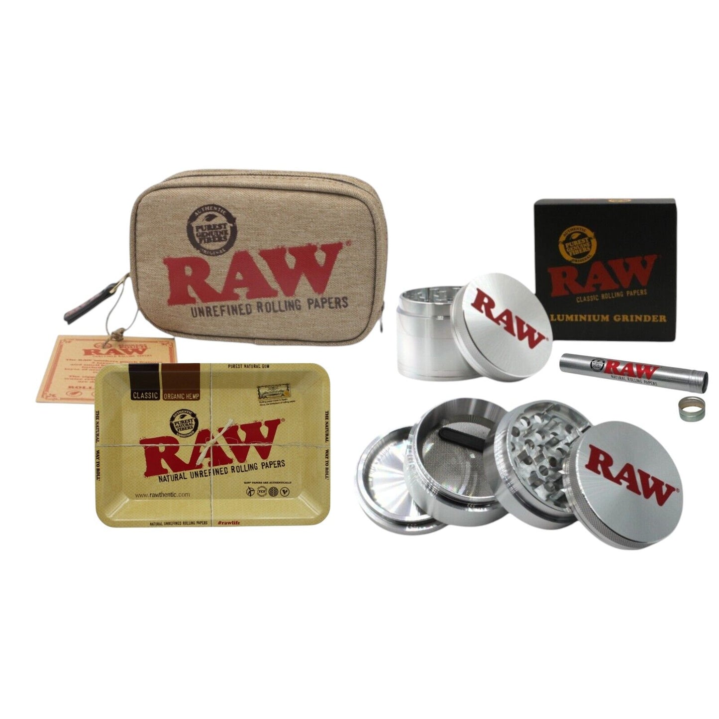 RAW Grinder Tube Tray Medium Smell Proof Pouch Combo Tobacco Kit Smoking Set