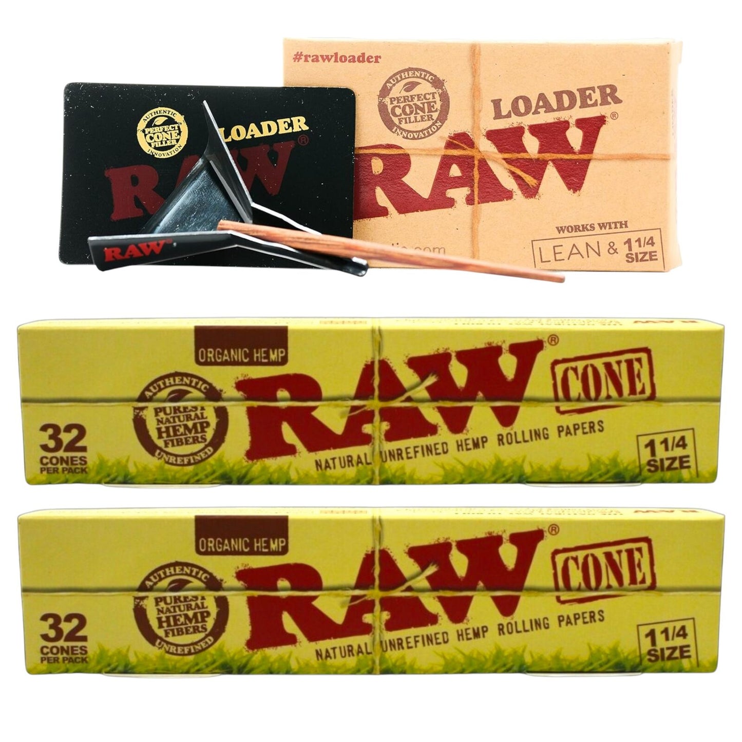 2 x Raw Organic Natural 1 1/4 Size Pre Rolled Paper Cones 32 Pack + Cone Loader
