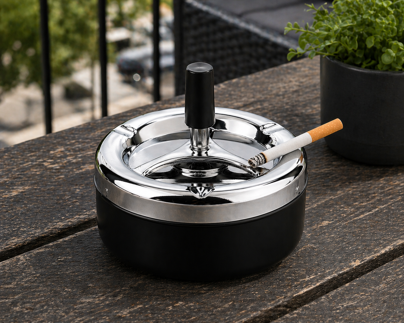 Ashtray Push Down Spinning Lid Wind Resistant Tabletop Ash Holder Black Silver