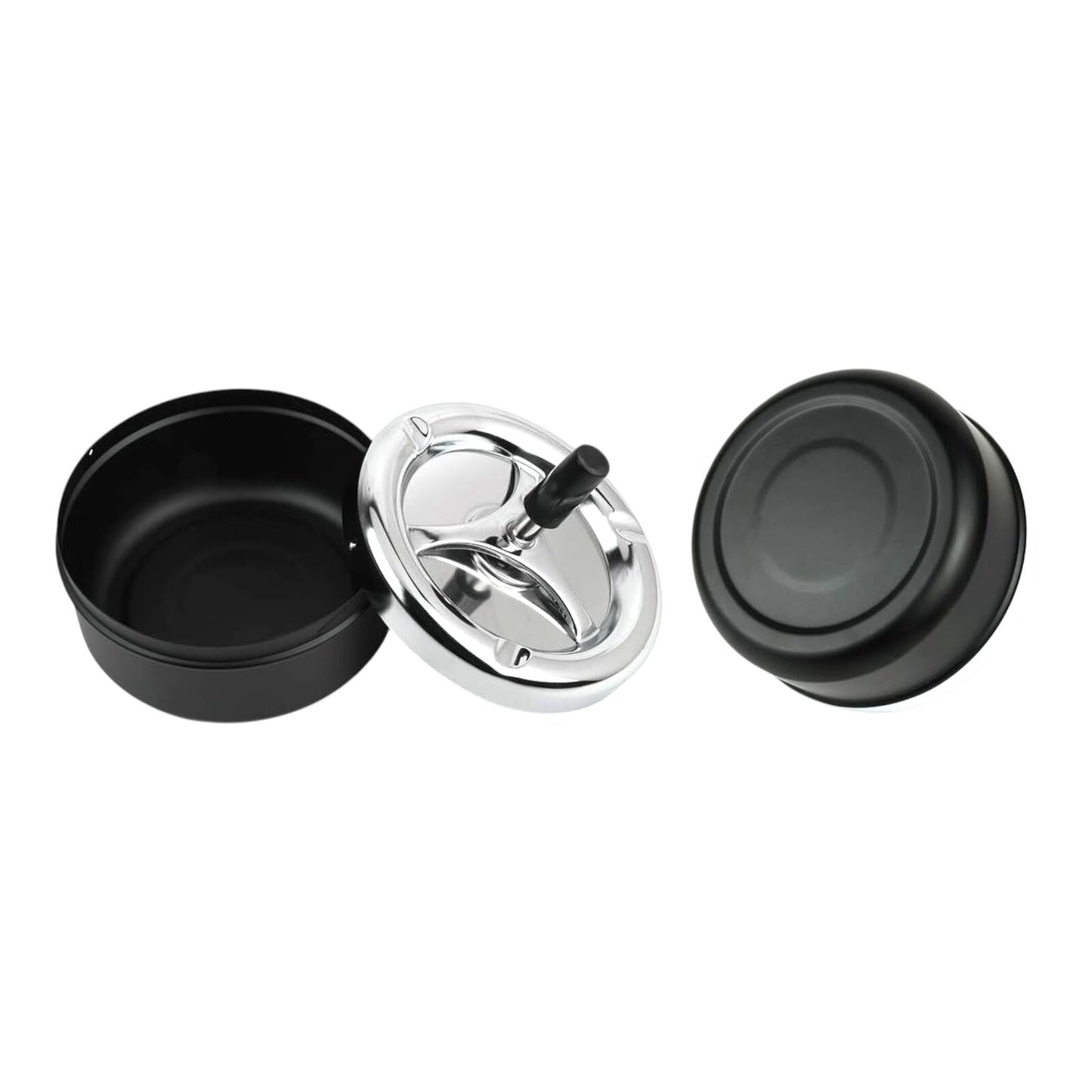Ashtray Push Down Spinning Lid Wind Resistant Tabletop Ash Holder Black Silver