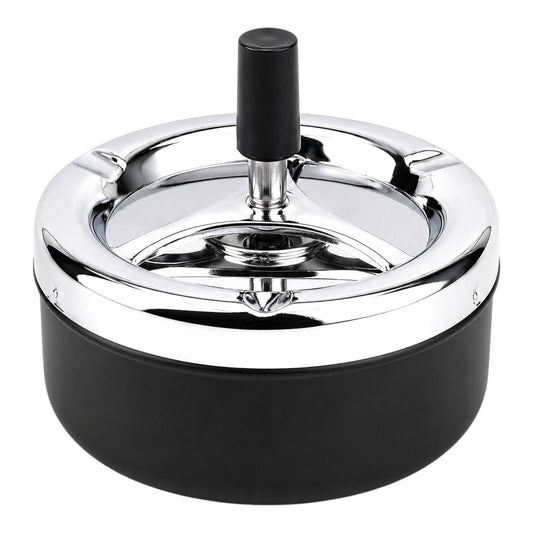 Ashtray Push Down Spinning Lid Wind Resistant Tabletop Ash Holder Black Silver