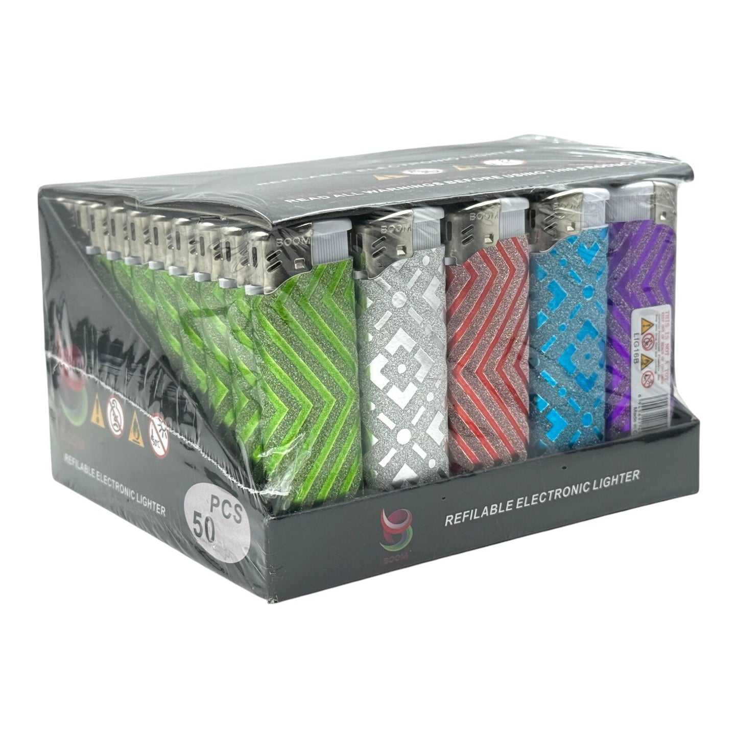 Box of 50 Boom Zig Zag Click Refillable Gas Lighters Assorted Colours