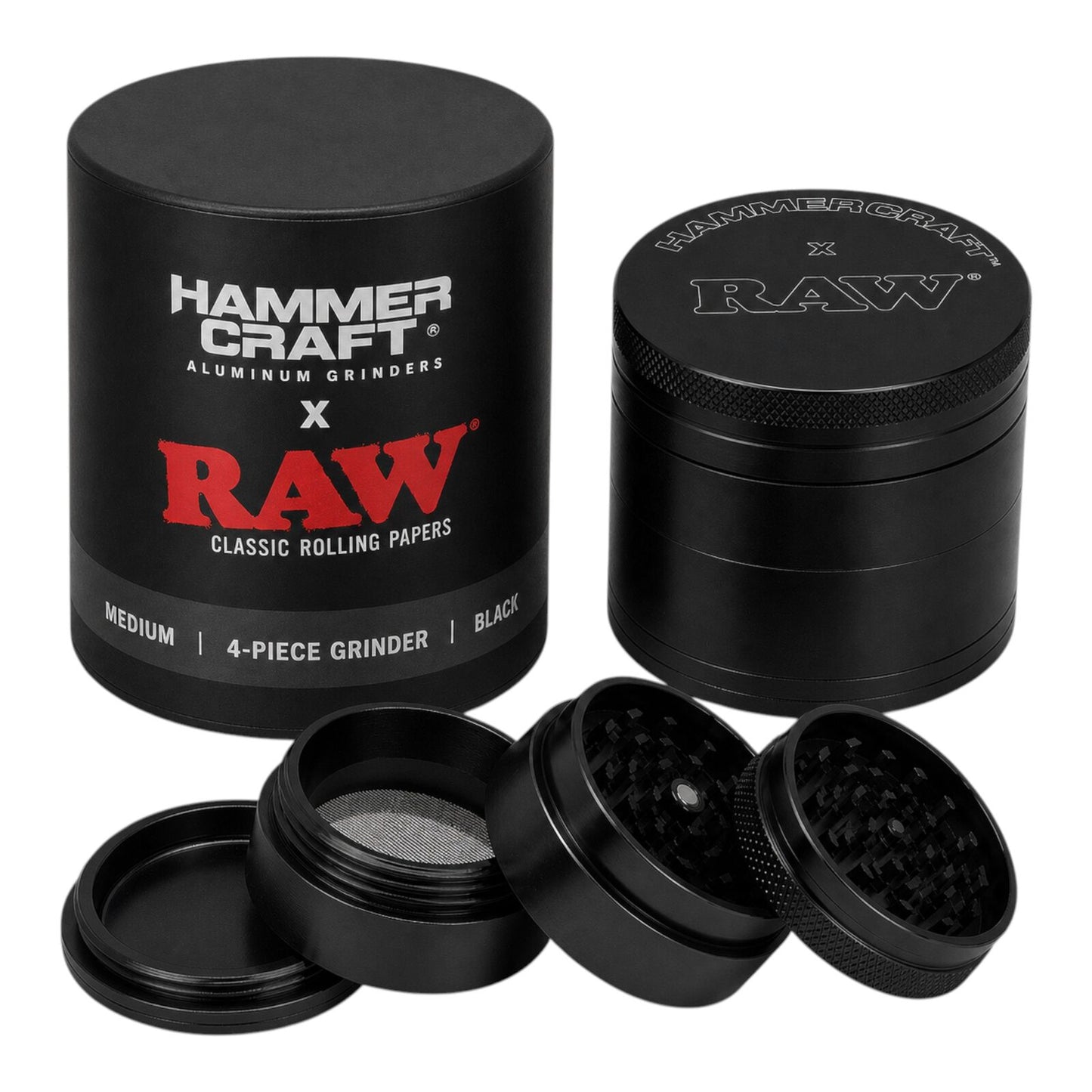 RAW x Hammercraft Black 2.2" Medium Aluminium 4 Piece Grinder Herb 5.5 x 4.5cm