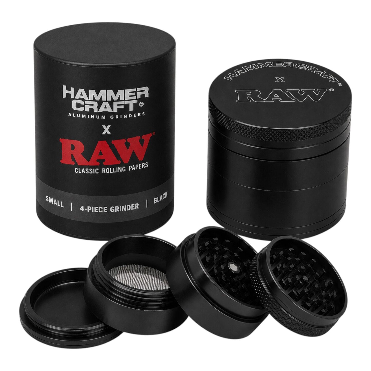 RAW x Hammercraft Black 2 Inch Small Aluminium 4 Piece Grinder Herb 4.8 x 4.3cm