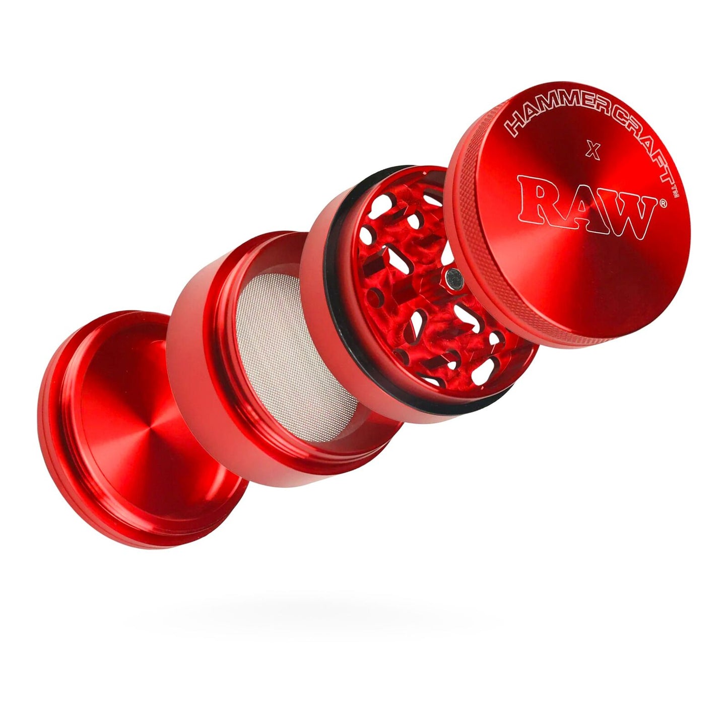 RAW x Hammercraft Red 2.2 Inch Medium Aluminium 4 Piece Grinder Herb 5.5 x 4.5cm