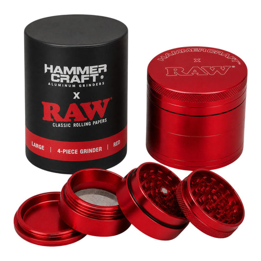 RAW x Hammercraft Red 2.5 Inch Large Aluminium 4 Piece Grinder Herb 6 x 4.8cm