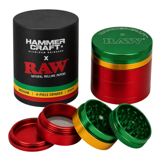 RAW x Hammercraft Rasta 2.2" Medium Aluminium 4 Piece Grinder Herb 5.5 x 4.5cm