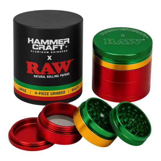 RAW x Hammercraft Rasta 2.5 Inch Large Aluminium 4 Piece Grinder Herb 6 x 4.8cm