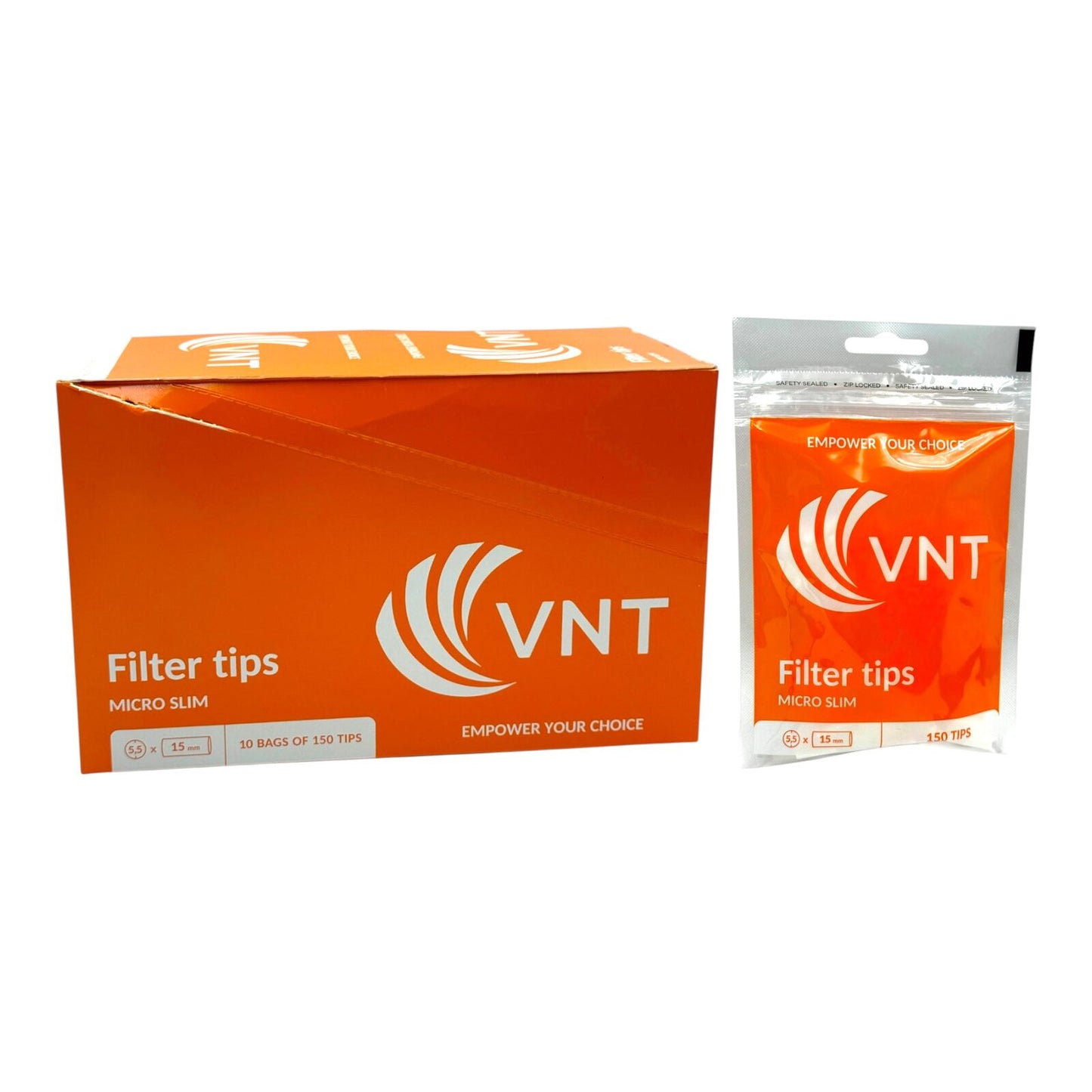 Box of 10 VNT Micro Slim Orange Filter Tips 150 Tips Per Pack - 1500 Total Tips