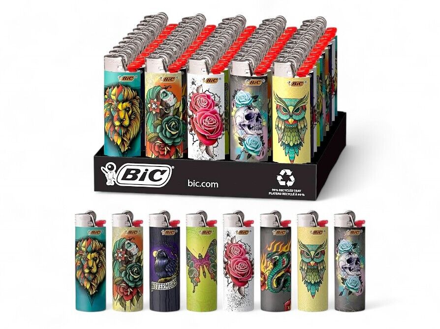 50x Custom Assorted BIC Maxi Lighters Various Designs Tray Box J26