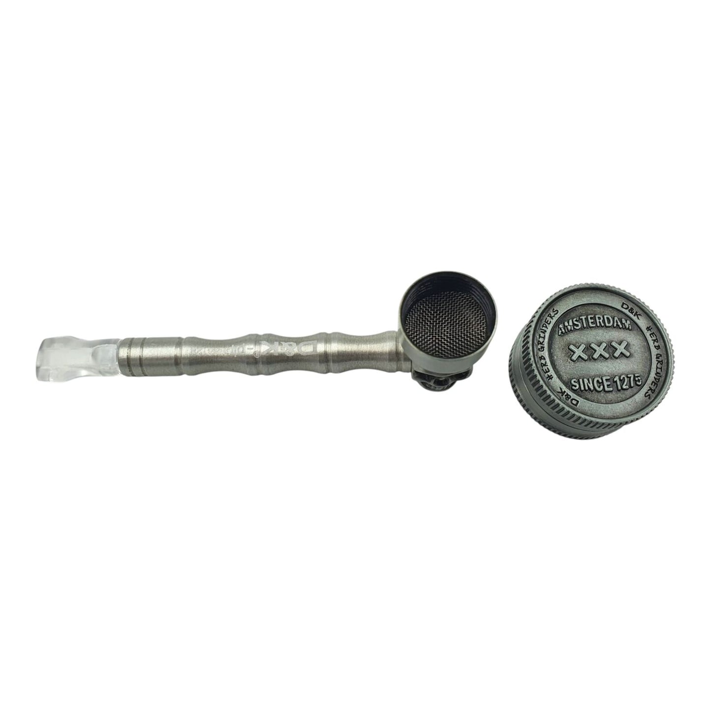 Amsterdam Metal Herb Grinder 2 Piece Storage Pipe Smoking Set