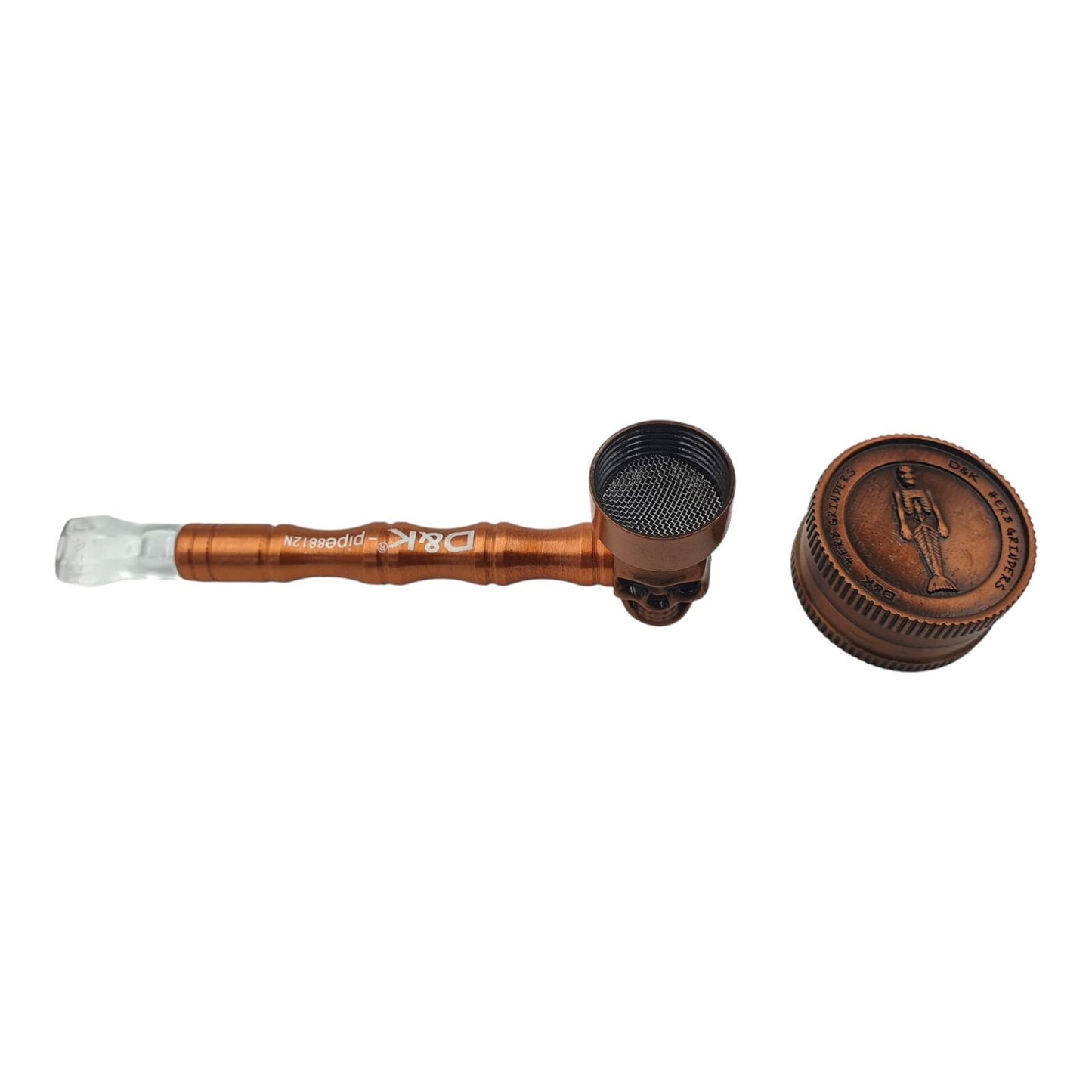 Bronze Skull Metal Herb Grinder 2 Piece Storage Pipe Smoking Set