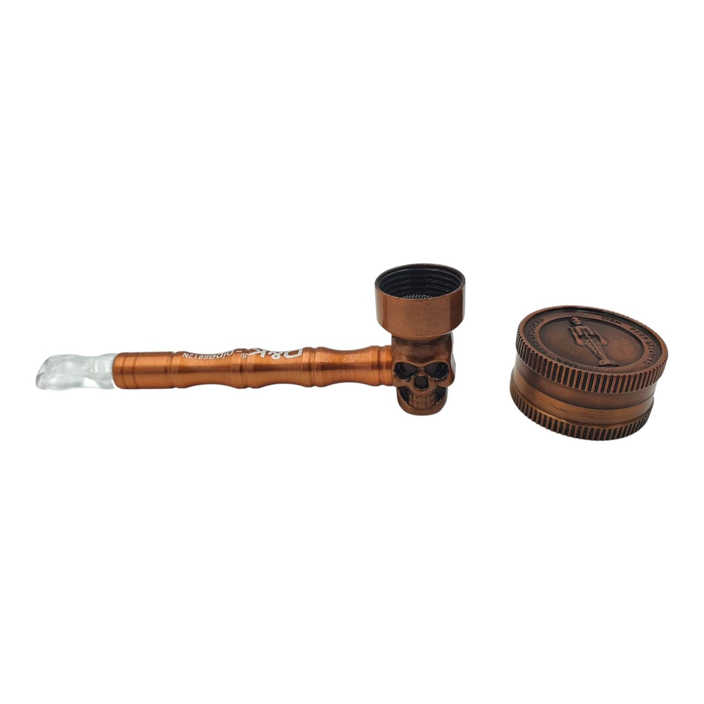 Bronze Skull Metal Herb Grinder 2 Piece Storage Pipe Smoking Set