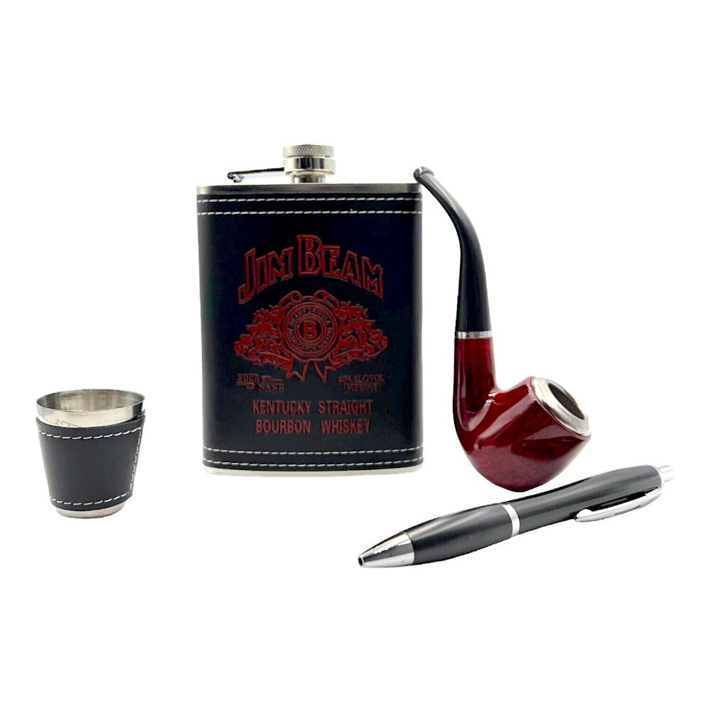 Jim Beam Hip Flask, Shot Glass, Pipe and Pen Gift Set (8oz)
