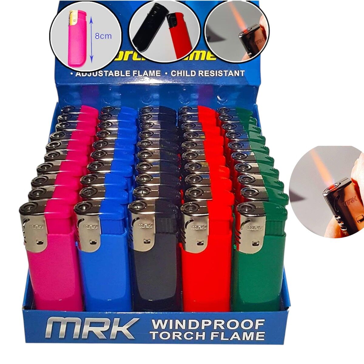 50 MRK Jet Torch Flame Lighters Refillable Adjustable Flame Windproof Mixed Box