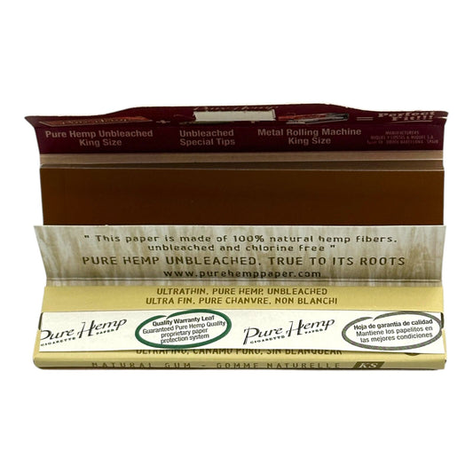 Pure Hemp King Size Unbleached Rolling Papers 33 Leaves + Tips