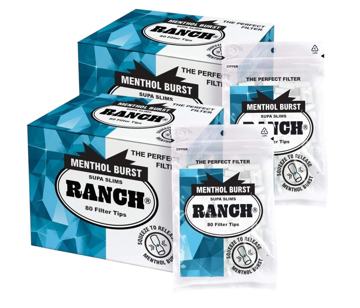 Box of Ranch Menthol Burst Supa Slim Cigarette Filters, 24 Bags of 80 Filter Tips - Total 1920