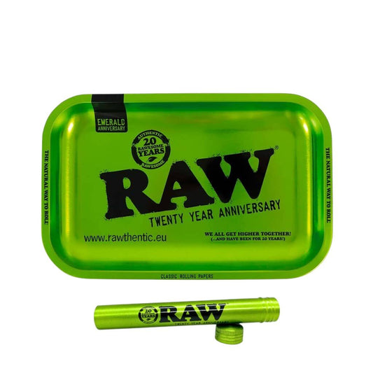 Raw Rolling Tray 28x18cm Emerald Green + Aliminium Tube 20th Anniversary Edition Combo