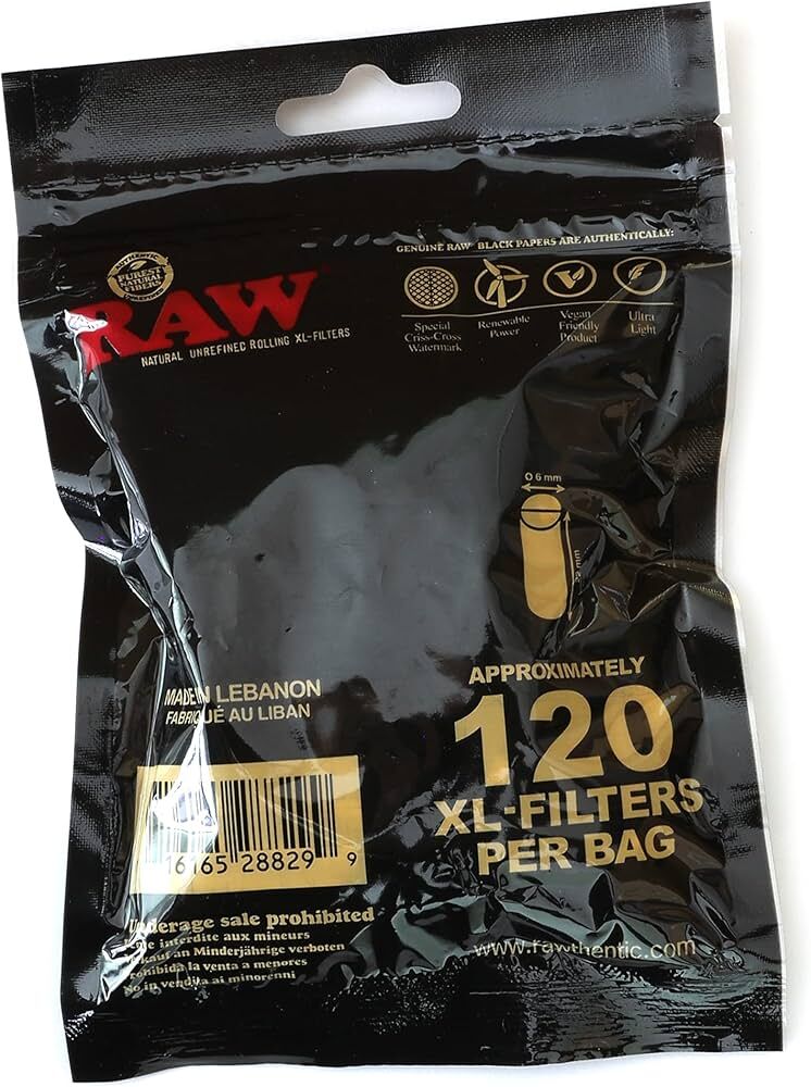 RAW Black Natural Unrefined XL-- 120 Filter Bag Pack Natural Smoking Filters