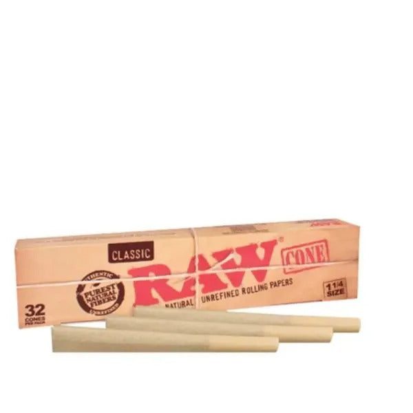 2 x Raw Classic Natural Unrefined 1 1/4 Pre Rolled Paper Cones 32 Pack Cone (64 Total)