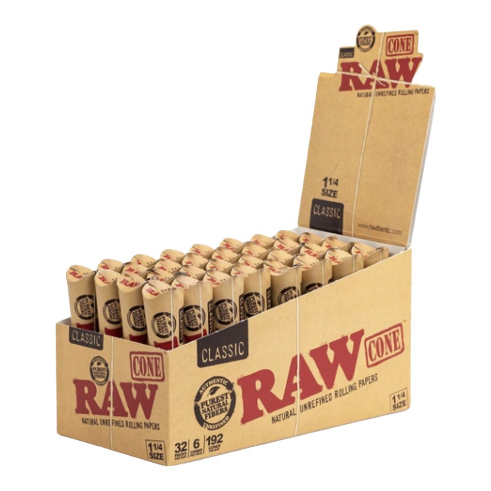 Box of 32 RAW Classic 1 1/4 Pre Rolled Paper Cones (6 Pack)