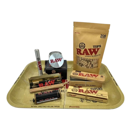RAW Combo Kit Rolling Tray Papers Grinder Tips Storage Tube Roller King Size