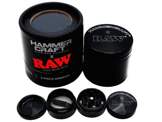 RAW x Hammercraft Black 4 Part Magnetic Metal Grinder Shredder - 5 x 6 cm
