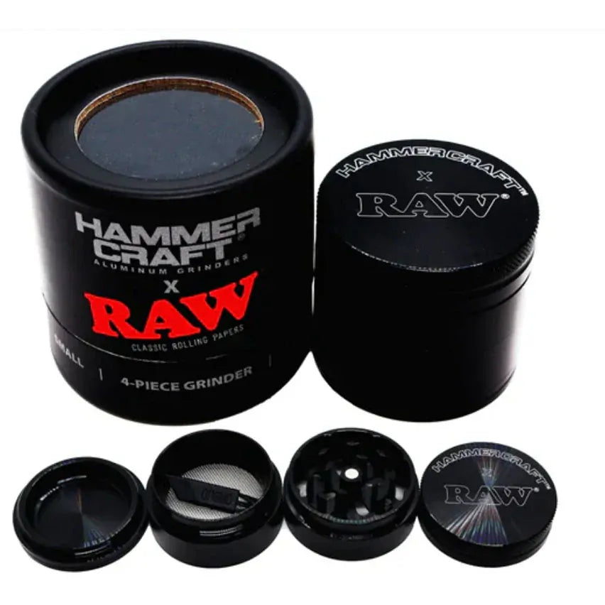 RAW x Hammercraft Black 4 Part Magnetic Metal Grinder Shredder - 5 x 6 cm
