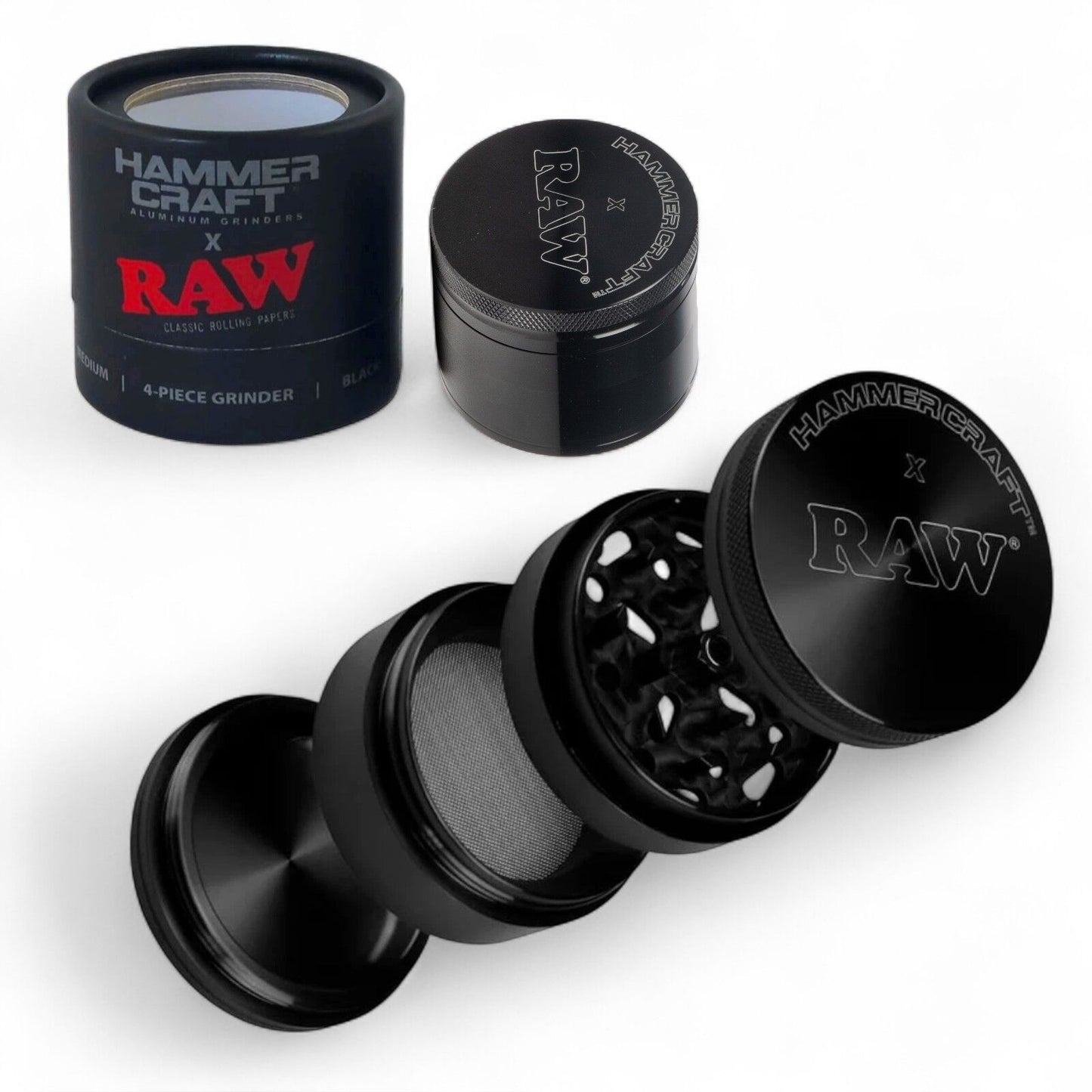 RAW x Hammercraft Black 4 Part Magnetic Metal Grinder Shredder - 5 x 6 cm