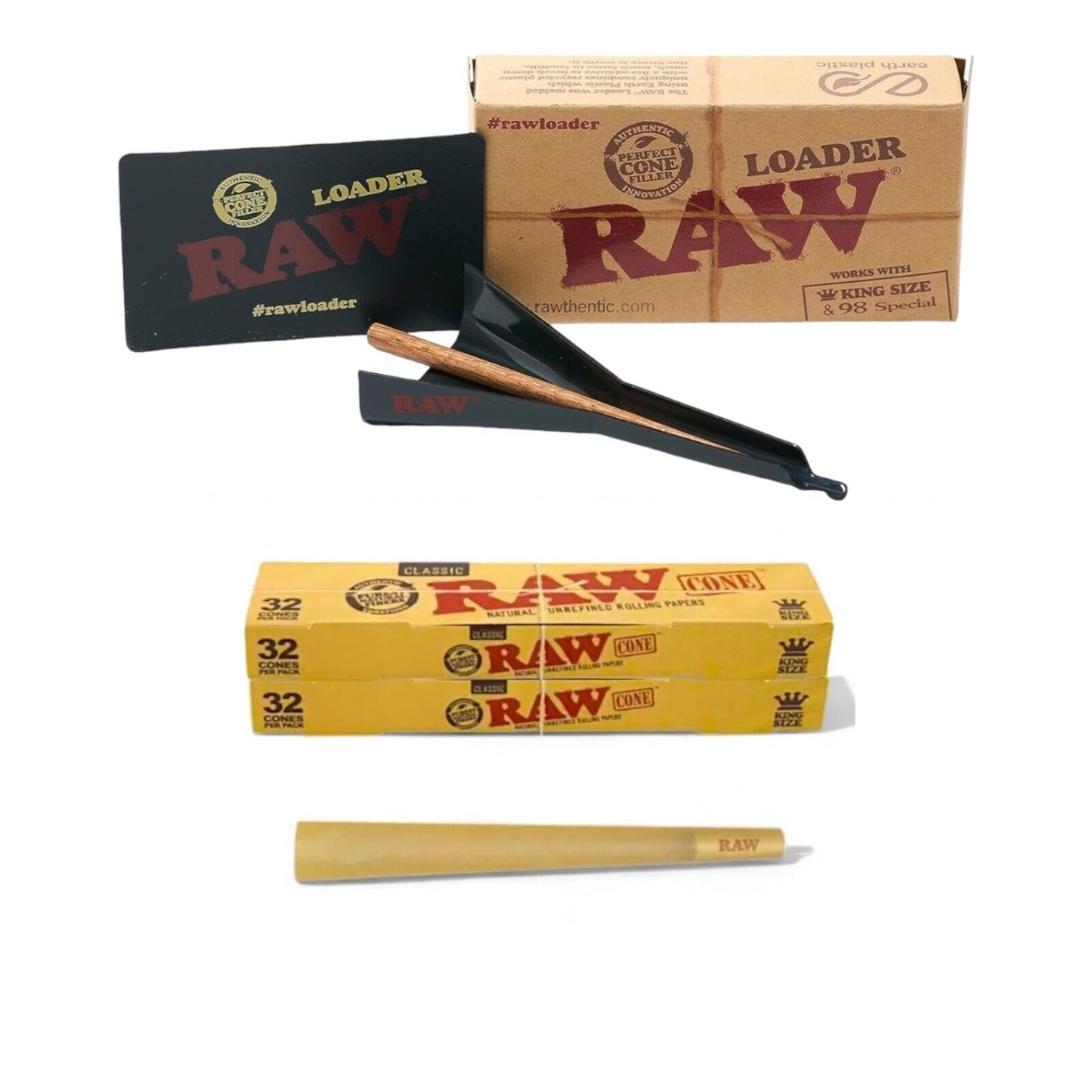 2 Packs RAW Classic King Size Pre Rolled Cones (32 Pack) + Cone Loader