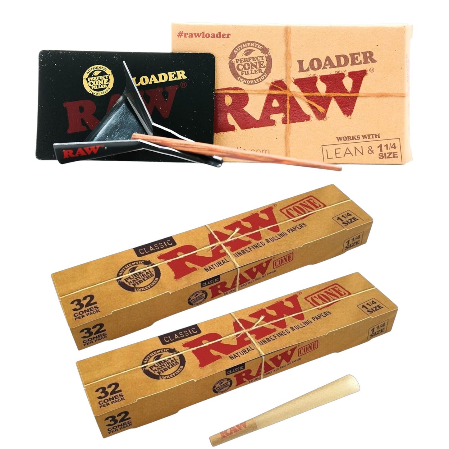 2 x Raw Classic 1 1/4 King Size Pre Rolled Paper Cones 32 Pack + Cone Loader