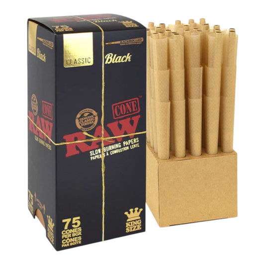 Raw Black Classic Natural Unrefined King Size Pre Rolled Paper Cones 75 Pack