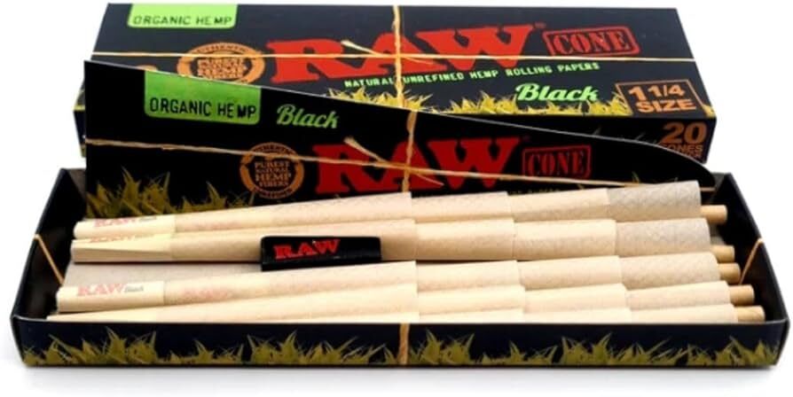 Raw Black Organic 20 Cone Pack 1 1/4 Ultra Fine Natural Pre Rolled Paper Cones