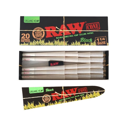 Raw Black Organic 20 Cone Pack 1 1/4 Ultra Fine Natural Pre Rolled Paper Cones