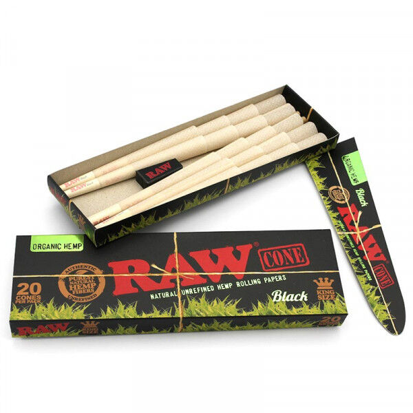 Raw Black Organic 20 Pack King Size Cone Ultra Fine Natural Pre Rolled Paper