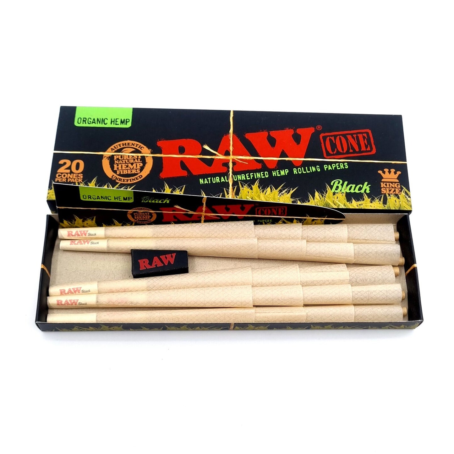 Raw Black Organic 20 Pack King Size Cone Ultra Fine Natural Pre Rolled Paper