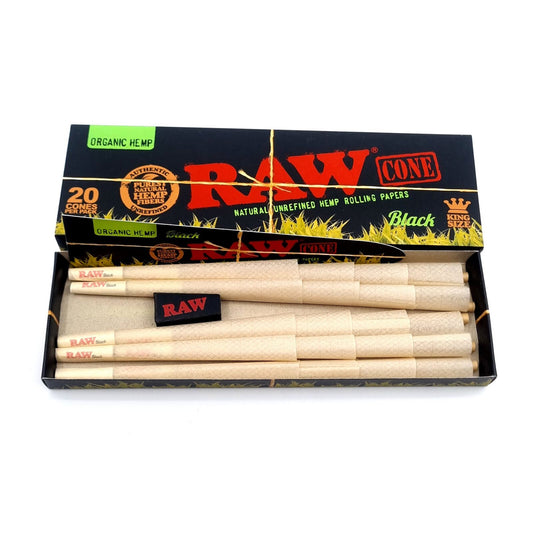 Raw Black Organic 20 Pack King Size Cone Ultra Fine Natural Pre Rolled Paper