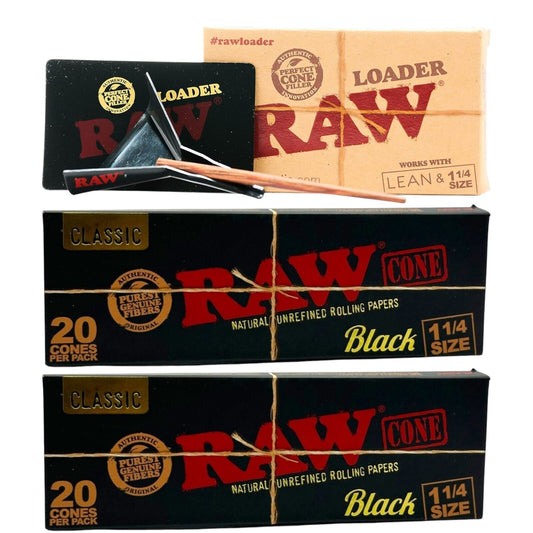 2 x Raw 1 1/4 Size Cones Pre Rolled Ultra Fine Natural 20 Pack + Cone Loader